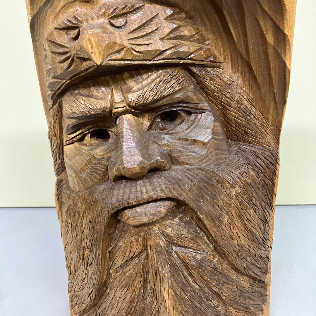 E-4 昭和レトロ アイヌ 一刀彫 木彫り飾り 置物 鷲 イーグル 男性の顔