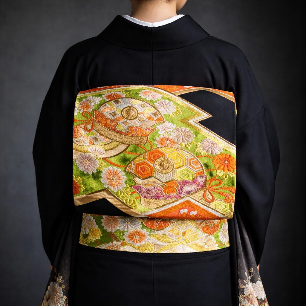 C3-33】袋帯 六通 黒 黄緑 オレンジ 422cm 入学式にもおすすめ