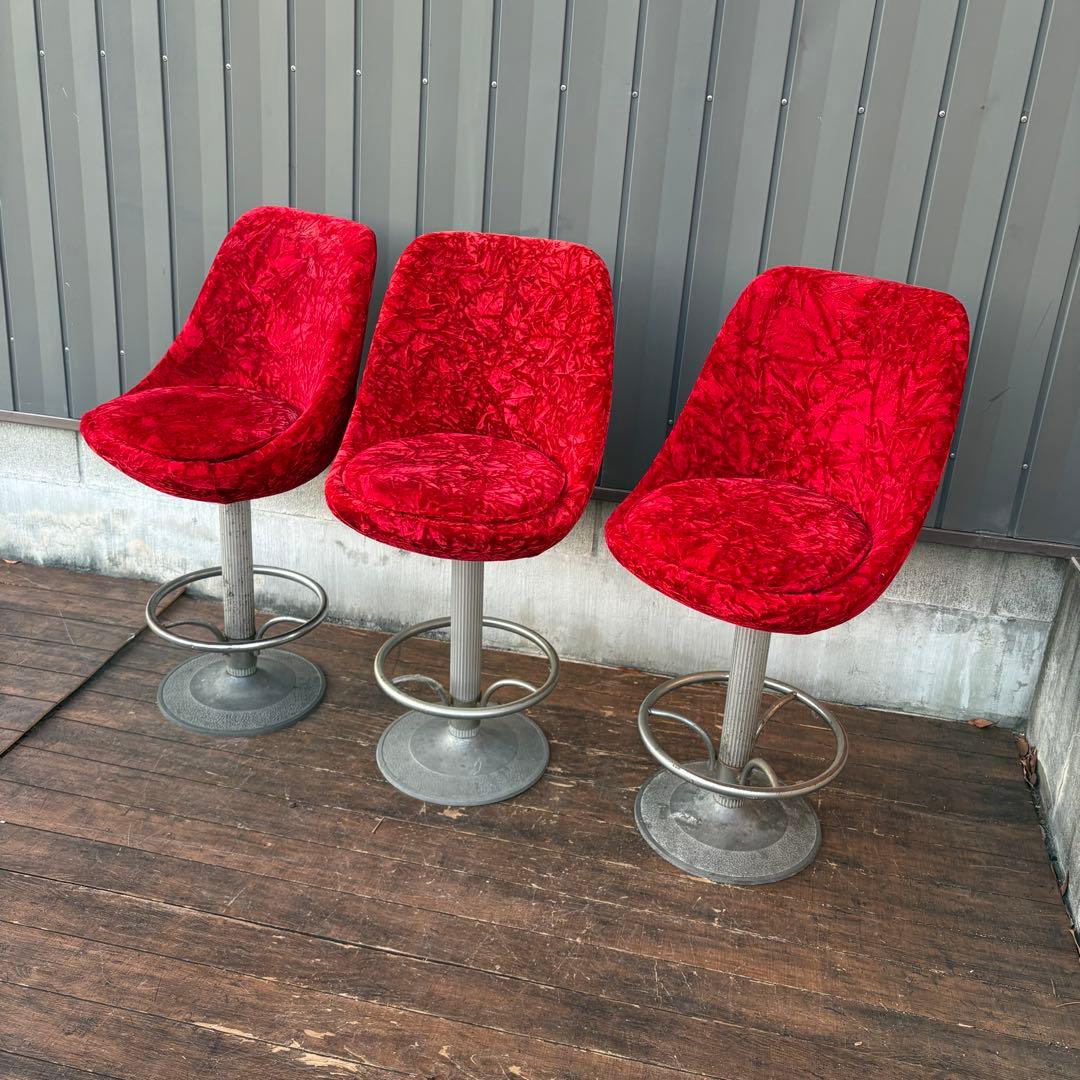①昭和レトロ 回転式バーチェア ベロア 赤 ビンテージ スナック椅子