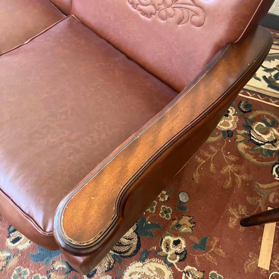 昭和レトロ オールドカリモク 古家具 三人掛けレザーソファー アーム