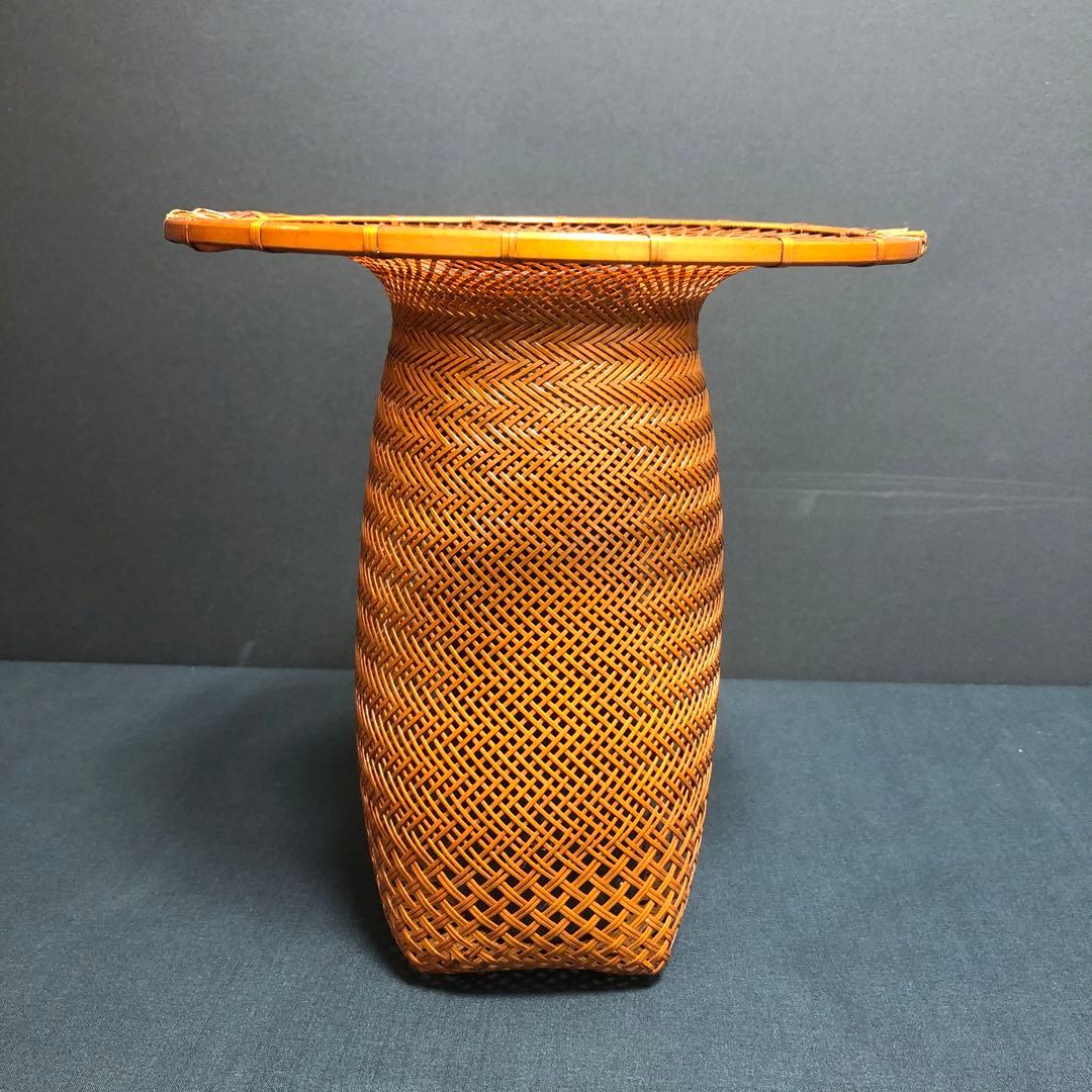 花入 小原流 竹細工 林真光 在铭 竹編手付 花籠 華道具 花器 竹籠