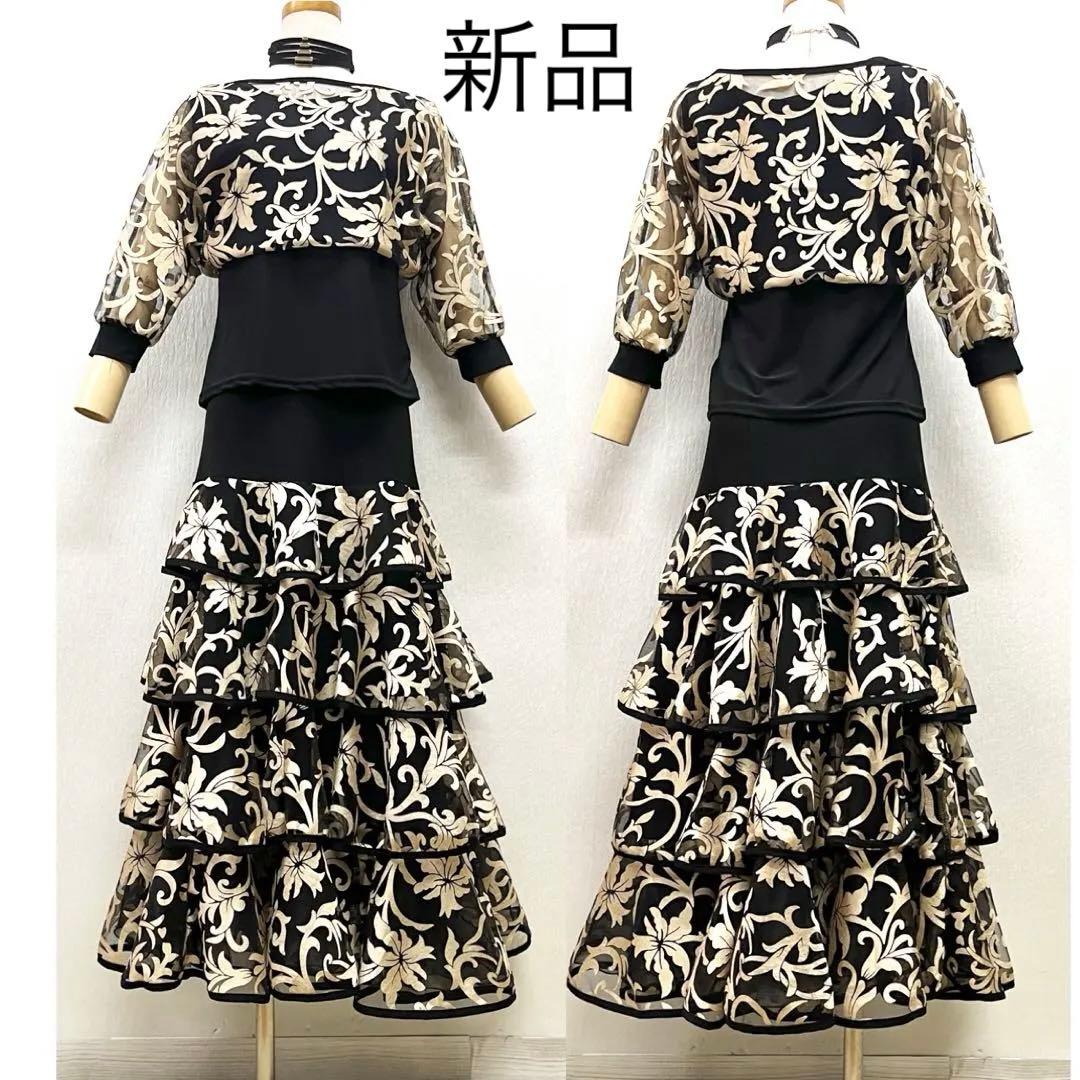 新品 社交ダンス セットアップ 黒地にゴールドプリント ドルマン