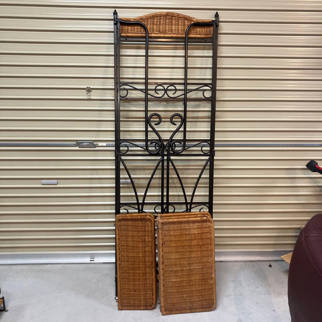 アンティーク調 アイアンフレーム 5段折りたたみラタンラック 飾り棚