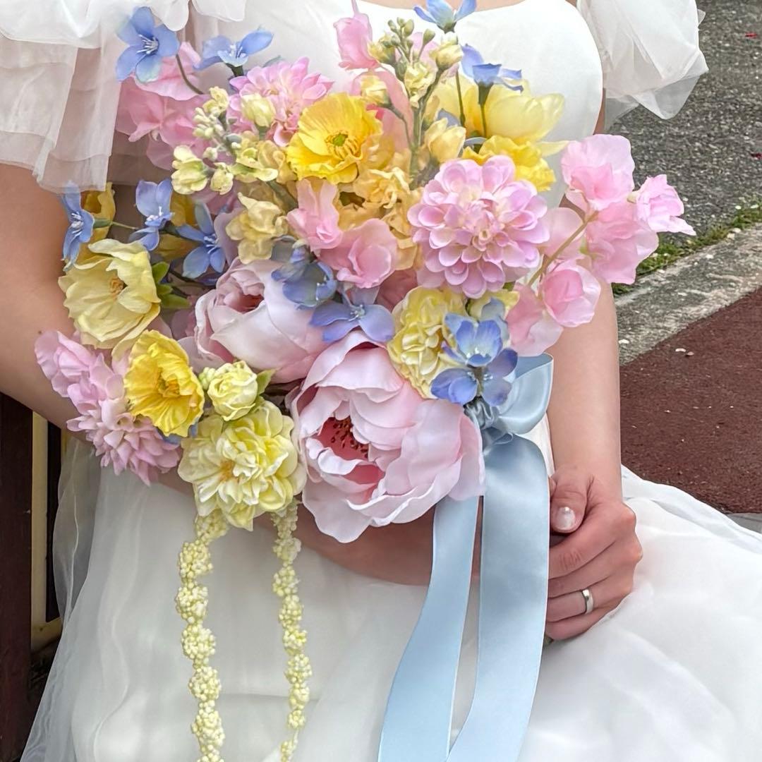 アーティシャルフラワーブーケ ウェディングブーケ ピンク・黄色・青