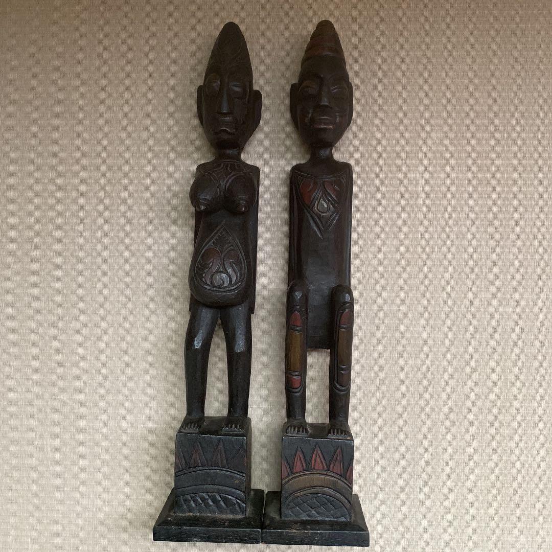 アジアン雑貨置物　木彫りプリミティブ人形男女ペア 楽天市場】木彫り プリミティブ人形 オブジェ【2体セット】H33cm