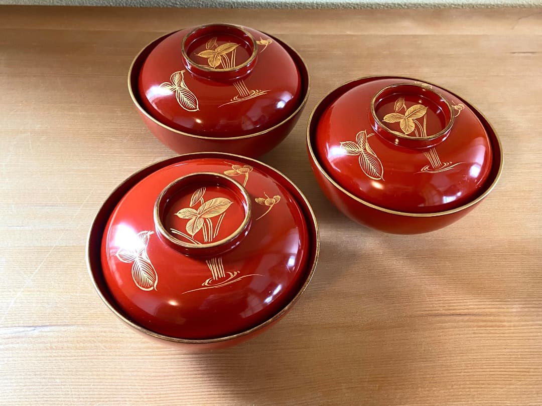 輪島塗 朱塗 沈金 蓋付椀 3客 / 漆器椀・懐石椀・雑煮椀 - メルカリ