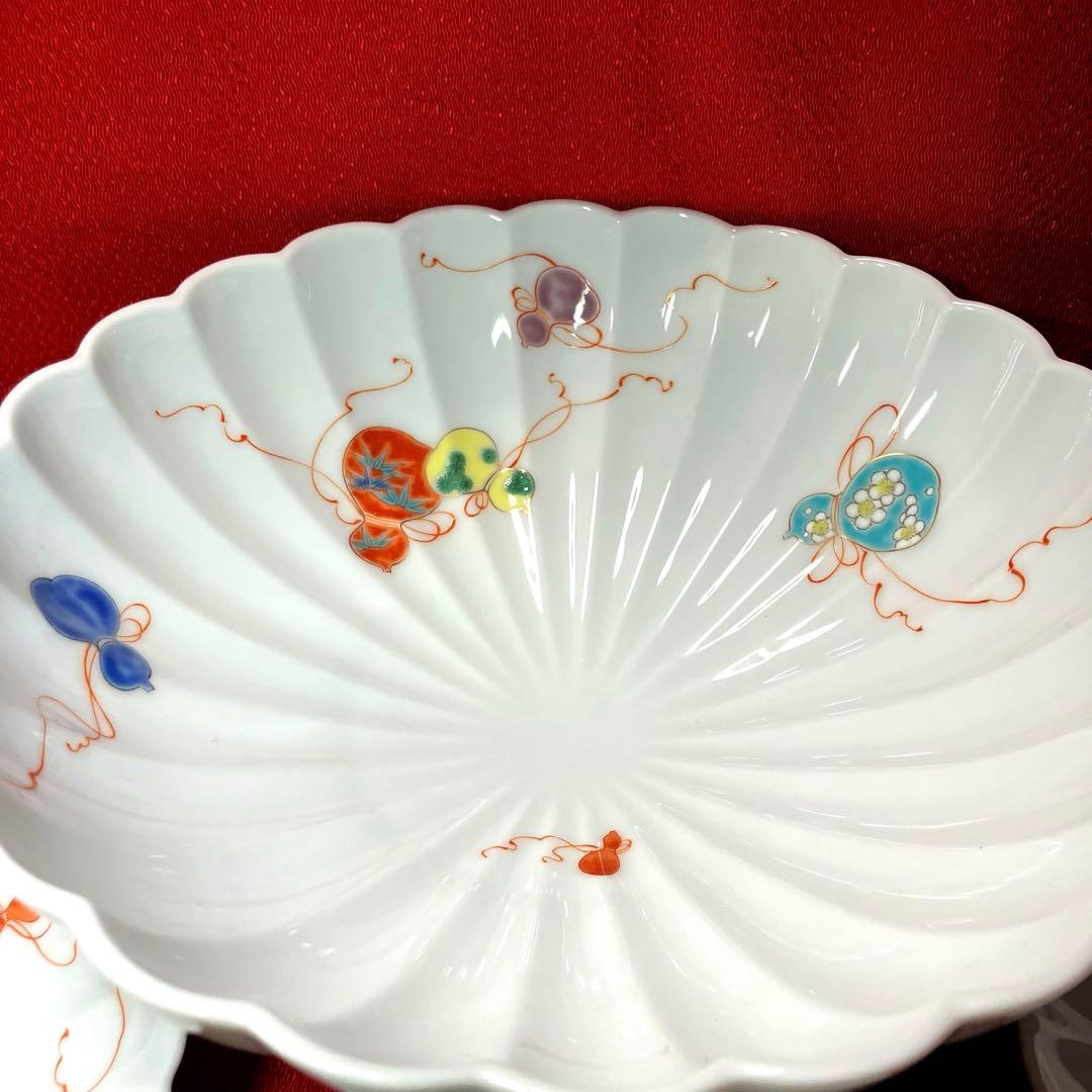 深川製磁 花ひょうたん菊割鉢と六瓢松竹梅銘々皿のセット 4点セット