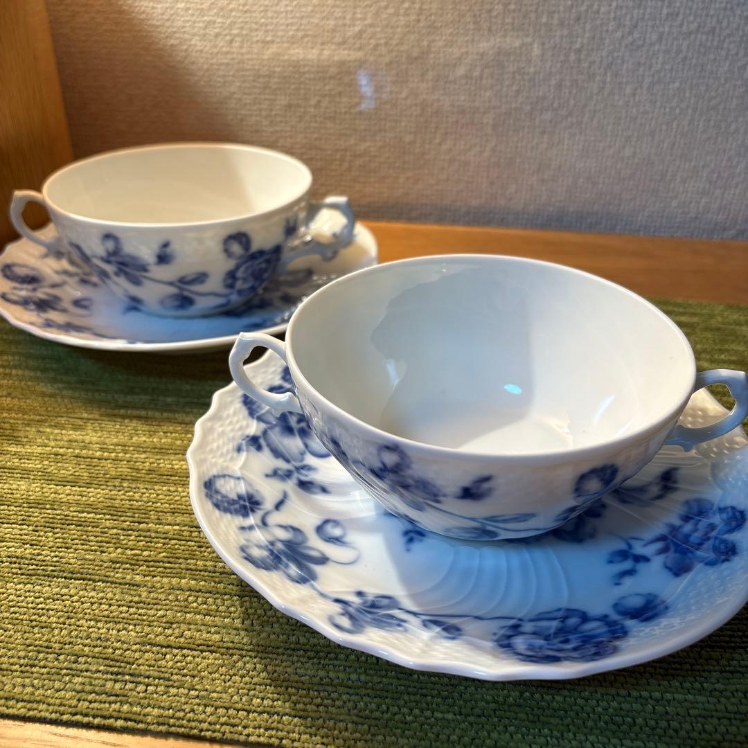 ジノリ ベッキオブルーローズ スープカップ & ソーサー 2客 使用なし
