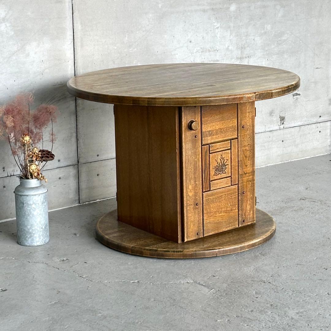✦70s✦ 昭和レトロ マルニ木工 円形テーブル 収納キャビネット付き 喫茶店 ✦70s✦ 昭和レトロ マルニ木工 円形テーブル 収納キャビネット付き