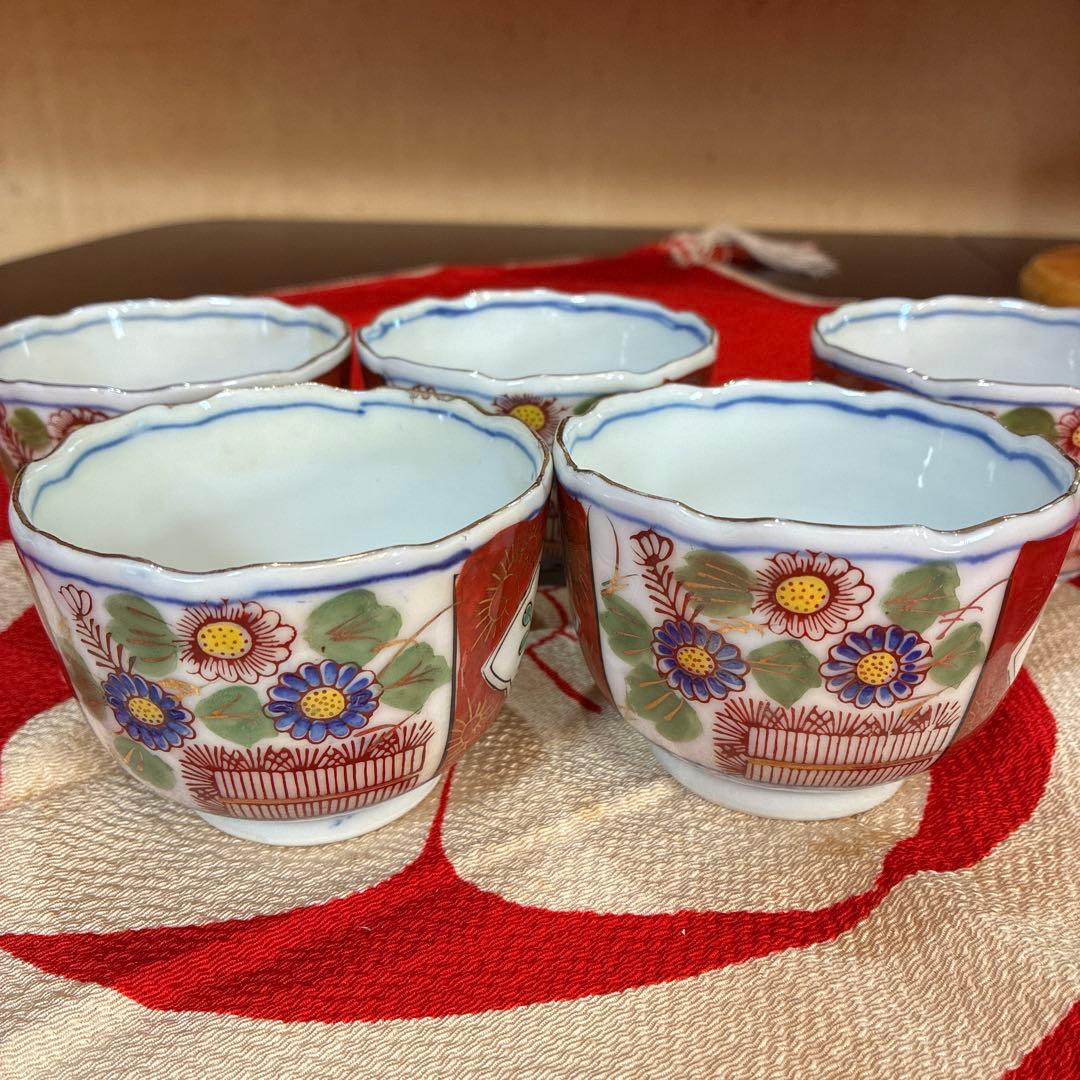 アンティーク九谷焼 色絵／金彩 明治〜大正期 無傷5個セット