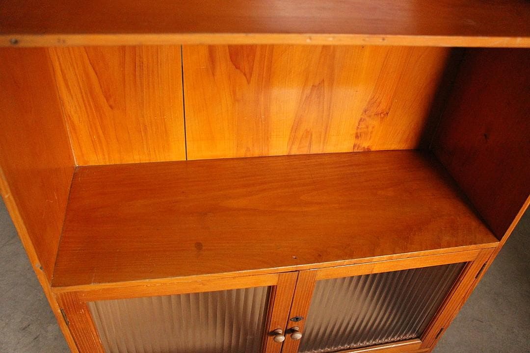 古いモールガラス戸棚 収納棚 小引き出し2杯