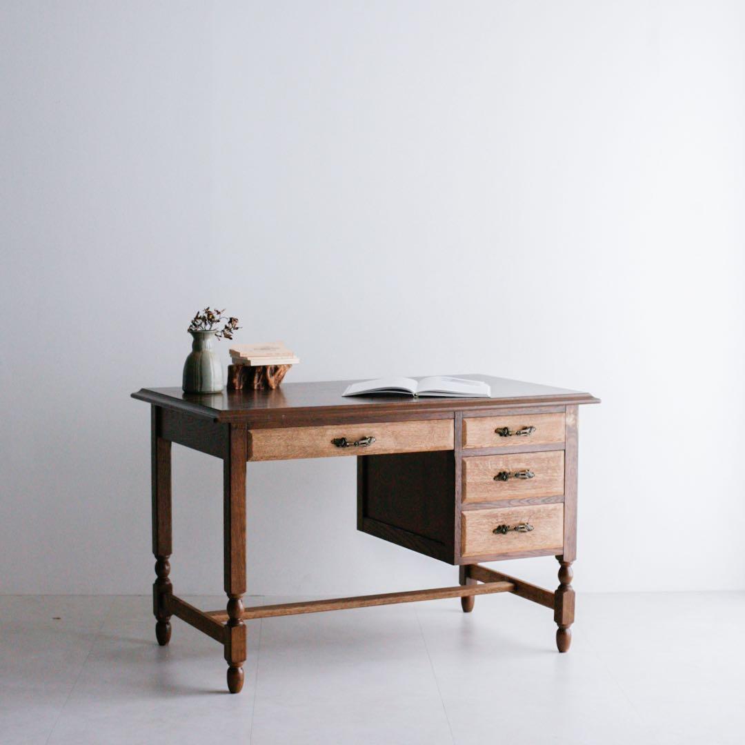 片袖机　アンティーク　デスク　テーブル　無垢材　タモ材　白木　古家具　古道具 片袖机／デスク アンティーク 古家具