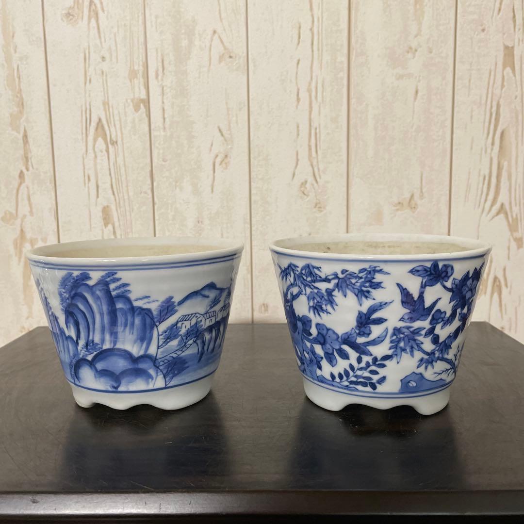 盆栽鉢 植木鉢 観葉植物 山野草 蘭鉢 染付け 花鳥 山水 2セット - メルカリ