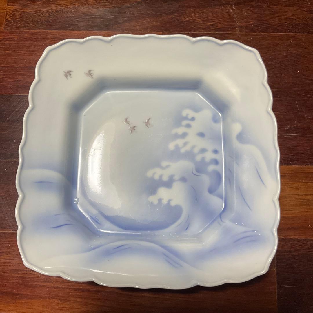 クラシックハンドメイド・手芸 - オールド深川製磁、波と鳥の絵柄の磁器皿