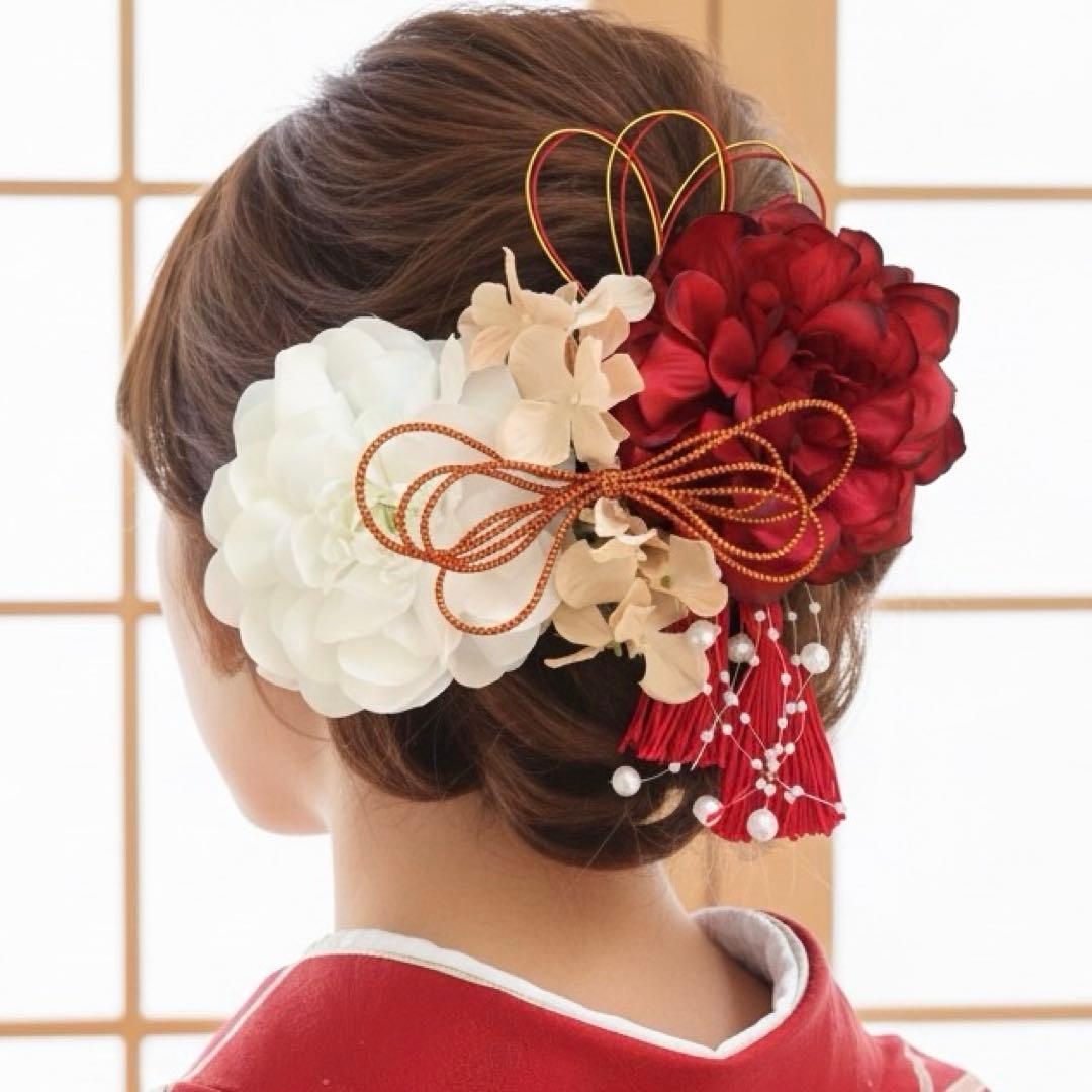 成人式・卒業式・結婚式・前撮り｜レッド赤ダリア和装髪飾りセット｜袴