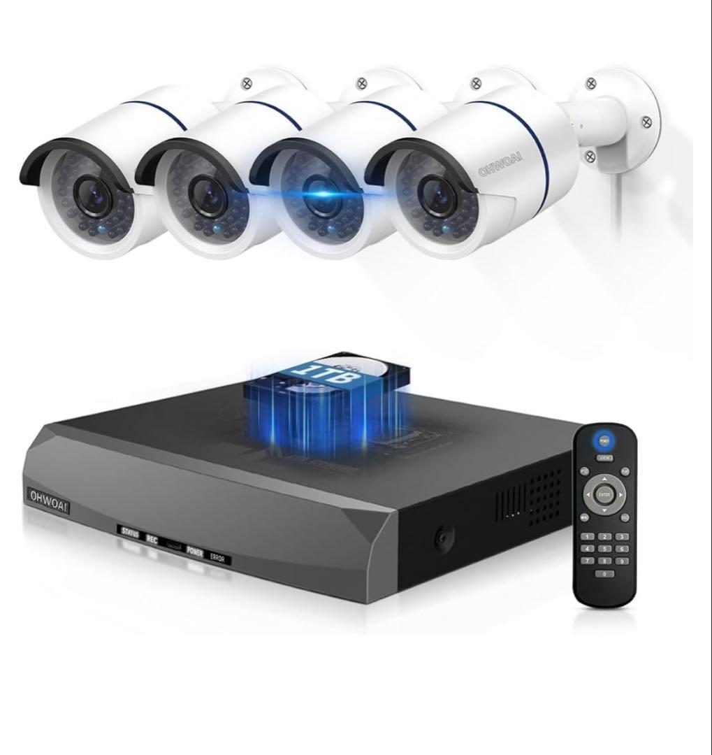 512549 OHWOAI POE防犯カメラセット 4台 30メートル超強暗視】POE防犯カメラセット 防犯カメラ 屋外 POE給電