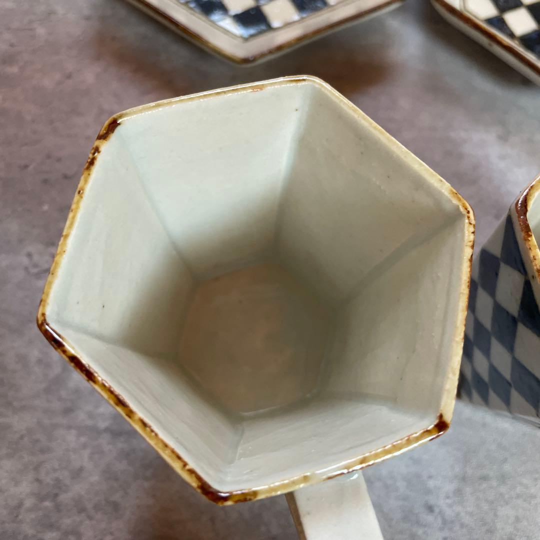 未使用 高島大樹さん 六角 市松 カップ ソーサー 小皿 二客 チェック