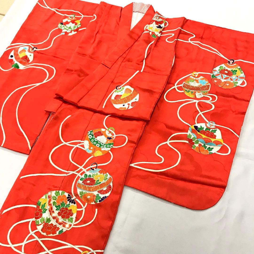 梅乃【082】正絹 7歳 四つ身 着物 朱色 鈴 手描き友禅 本加工 上質