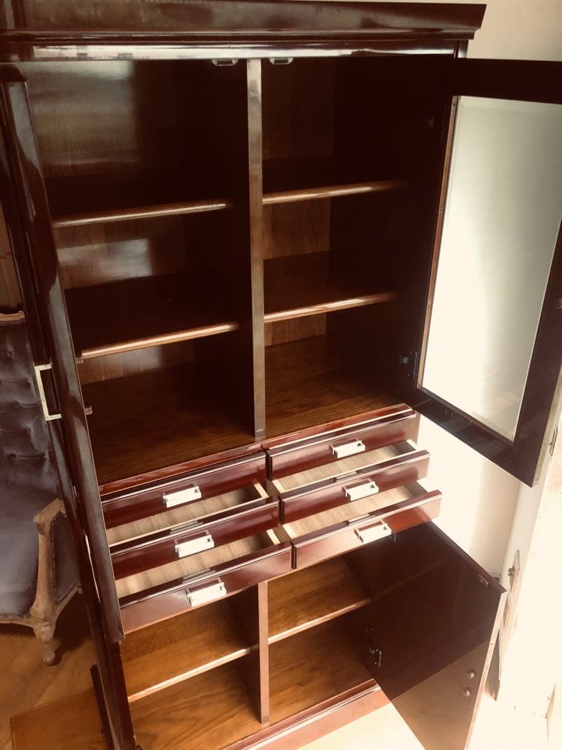 希少品 YAMAHA 昭和モダンキャビネット 蒔絵風意匠・ガラス戸 木製収納