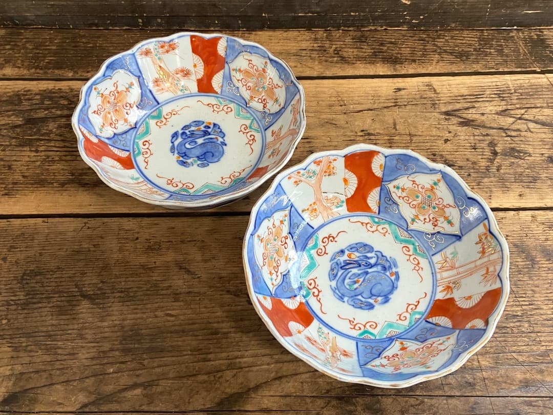 能登蔵出し 時代物 色絵 金彩 クルス窓絵文 輪花 大なます皿 2客/深皿 能登蔵出し 時代物 色絵 金彩 クルス窓絵文 輪花 大なます皿/深皿 膾皿