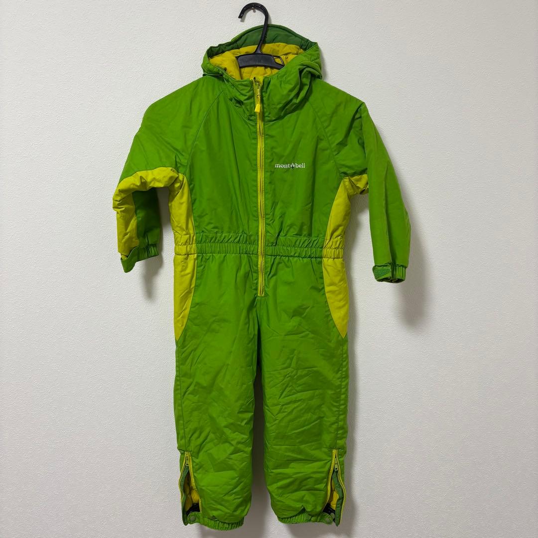 mont-bell キッズ フード付きジャンプスーツ 110 グリーン キッズ ジャンプスーツ 男の子 防寒 中綿 撥水加工 フード 110cm 120cm