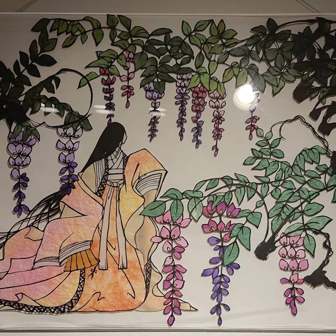 ONLINE 日本人女性作家 和風 藤の花 女性 切り絵アート