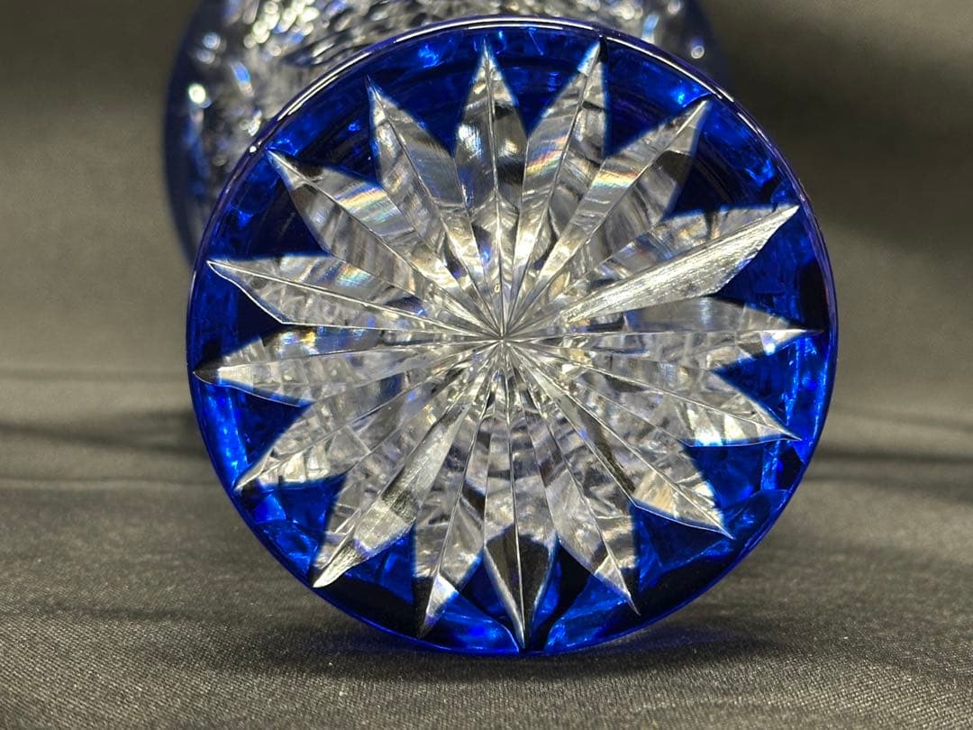 【使用美品】江戸切子　切子　花器　花瓶　壺　泰典　青　ブルー　20.5cm