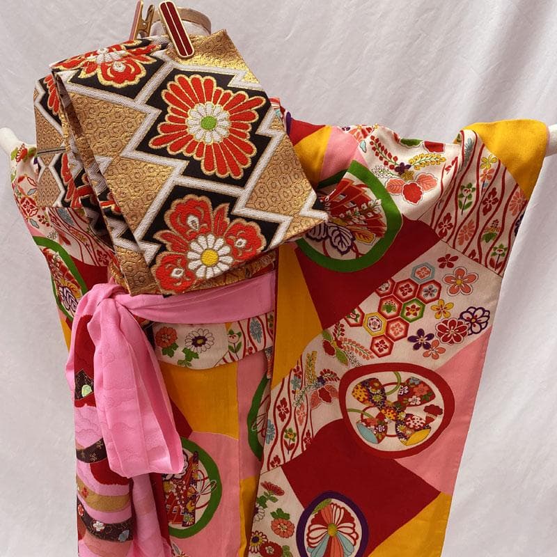 601ag23◎七五三 七歳 女児 アンティーク着物&丸帯 レトロ 花丸