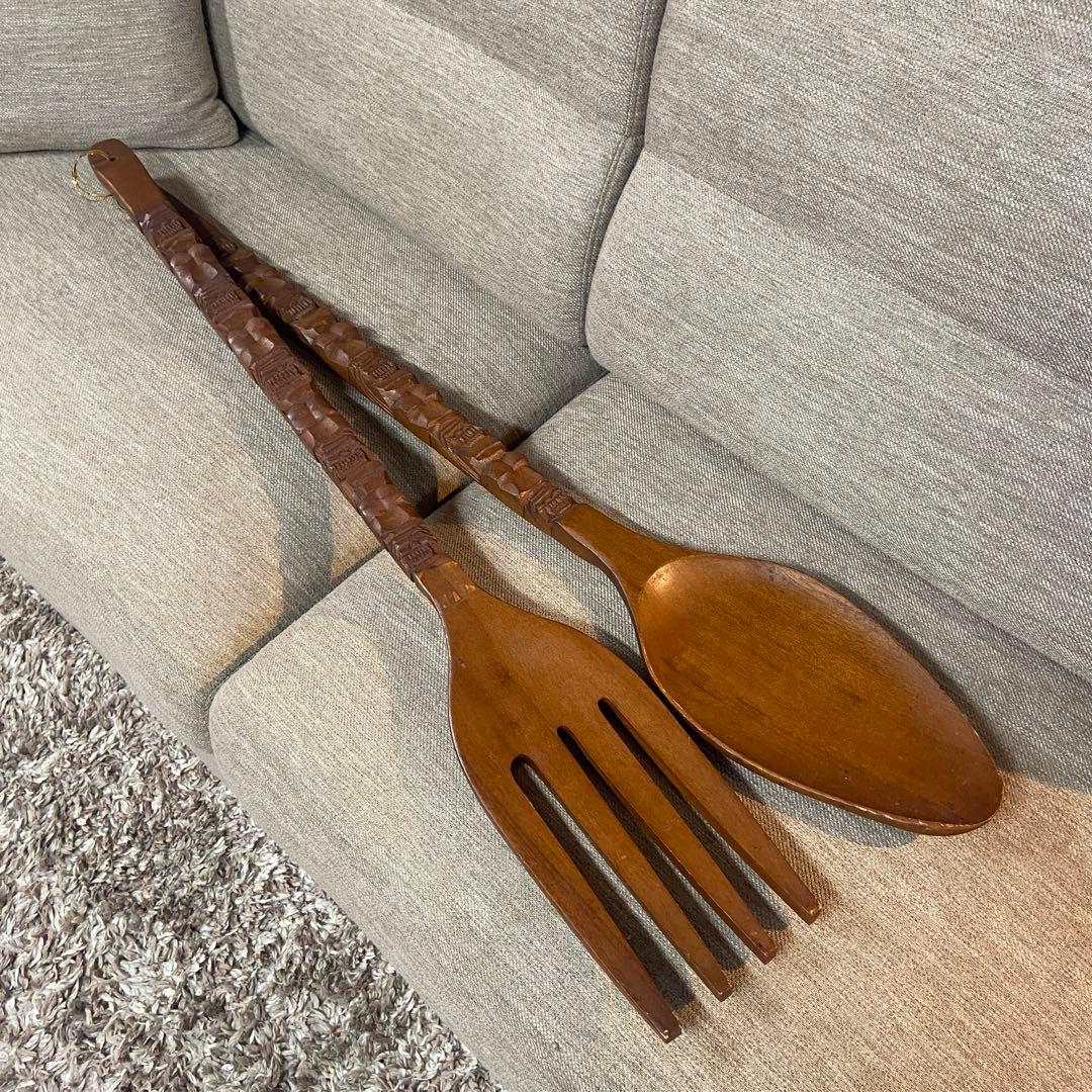 巨大スプーン＆フォーク 木製 置物 オブジェ アンティーク アジアン