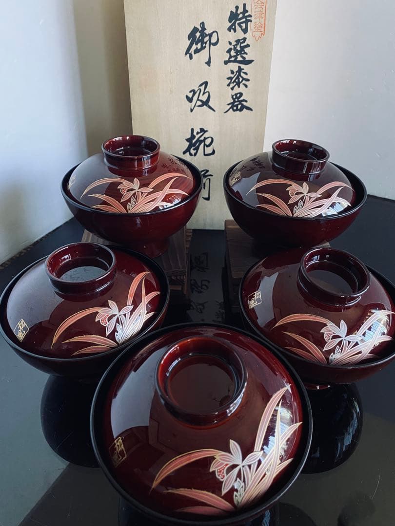 未使用◇特選漆器 蓋付 御吸椀揃 会津塗 竹峯 春慶 新 ラン 天然木五客