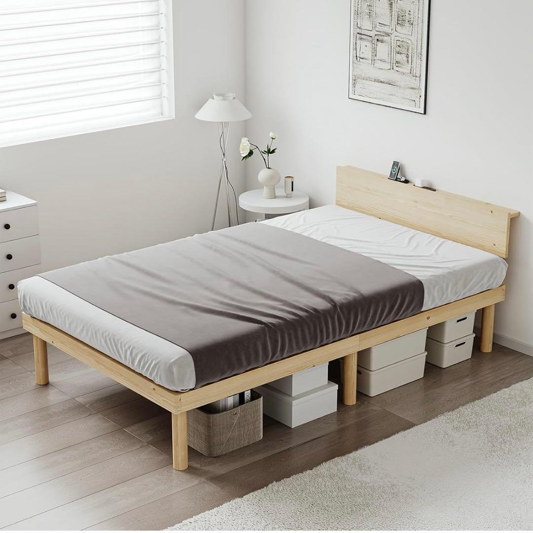 ベッド ベッドフレーム シングル 宮棚 2口コンセント 耐荷重200kg 3分組立ベッド シングル 宮棚 2口コンセント付 高耐荷重 工具不要 天然