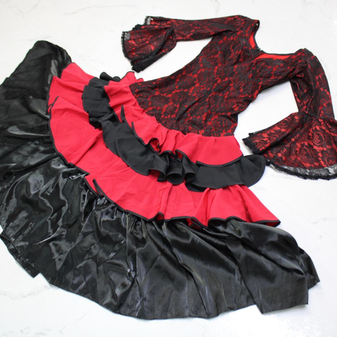 美品 フラメンコ衣装】レッド×豪華ボランテレース ワンピース ドレス