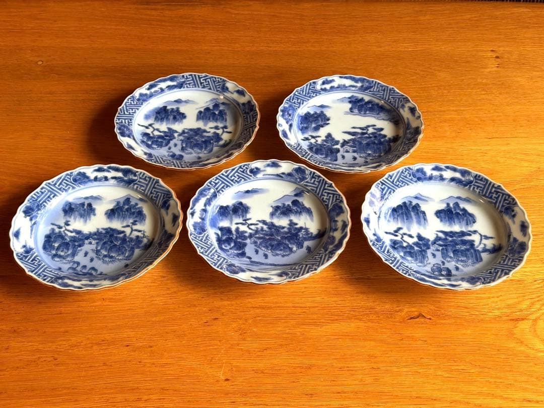 古伊万里　祥瑞　呉須　染付　山水人物紋　向付　5客セット　中皿　銘々皿 骨董品 古伊万里 染付山水人物画 菱型皿 舟形皿 変形小鉢 アンティーク