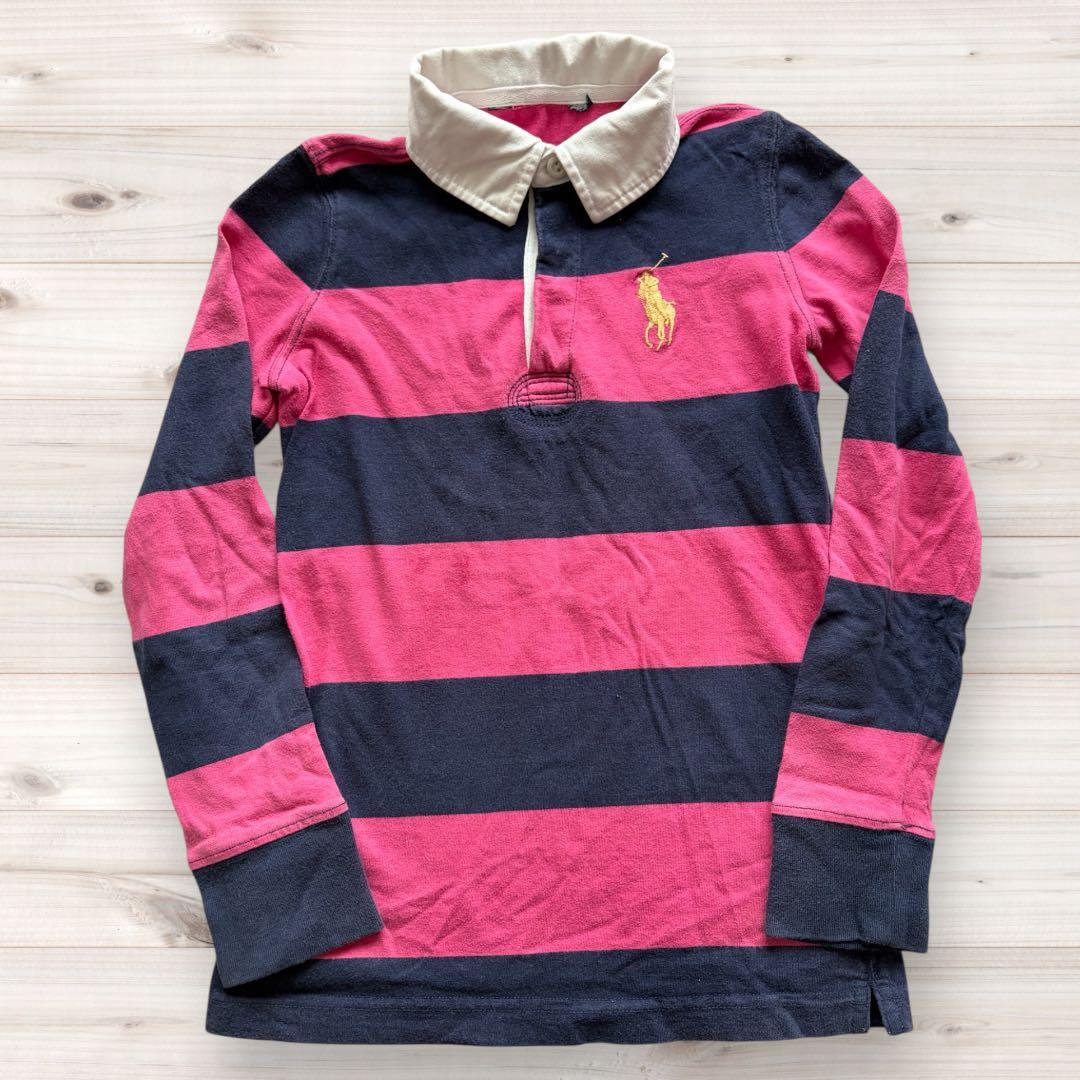 ラルフローレン キッズ ラガーシャツ ボーダー 紺×ピンク 120cm ロゴ