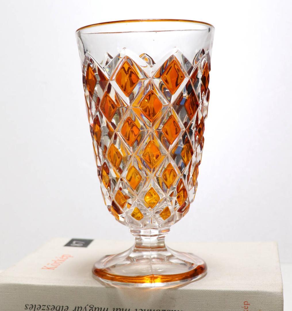 オールド・バカラ 最高級 琥珀色被せ ディアマン・カレ 大型 花瓶 アンバー色 バカラ ディアマンビゾー 琥珀色被せ ワイングラス 特大サイズ 希少