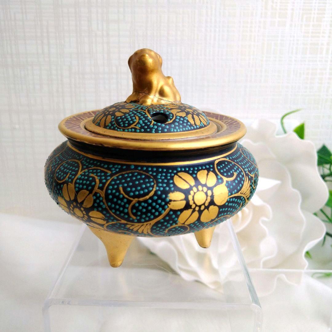 九谷焼 青 金 花柄 茶道具 清香 花柄 唐草 3足香炉 獅子 ミニ - メルカリ