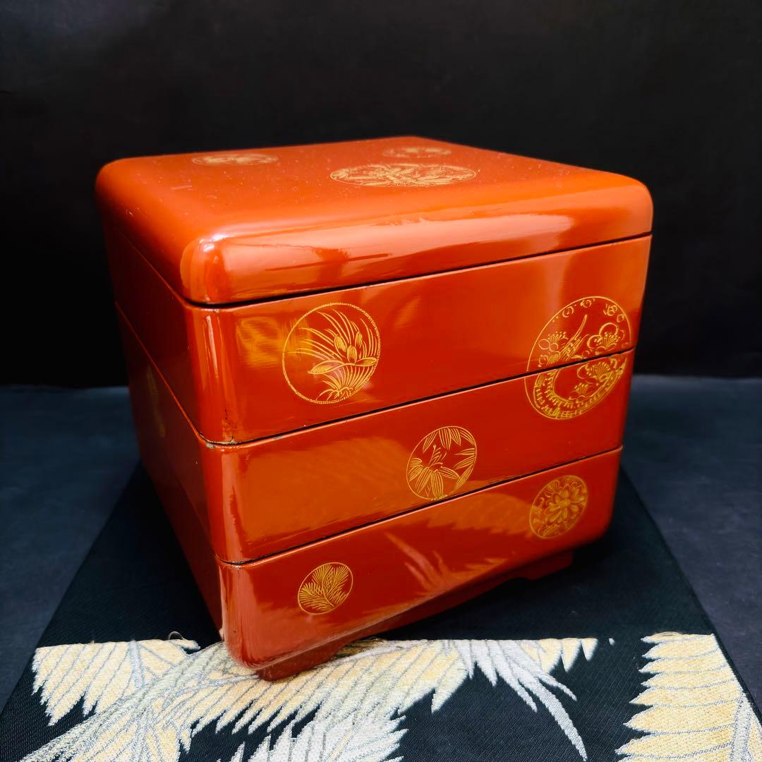 漆器 輪島塗 金蒔絵 木製 朱塗三段 重箱 共箱 - メルカリ