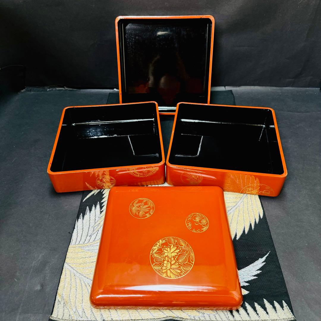 漆器 輪島塗 金蒔絵 木製 朱塗三段 重箱 共箱 - メルカリ