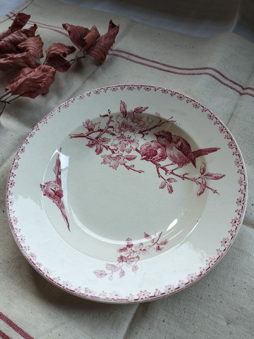 アンティーク フランス サルグミンヌ Favori 赤い花と鳥 陶磁 深皿 美