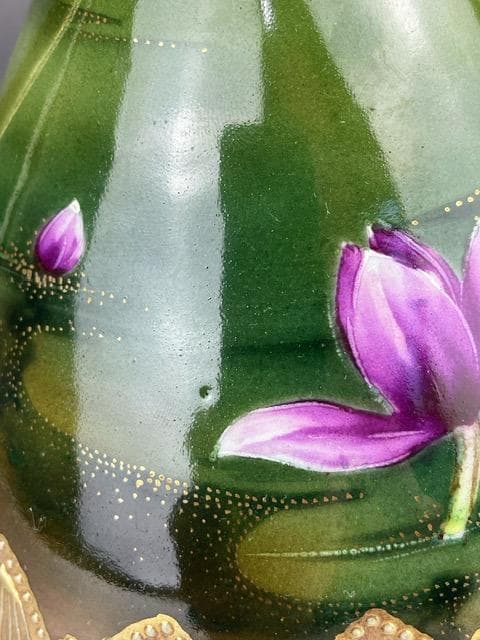 希少】 オールドニッポン 20.3㎝ 水連図 両耳花瓶 金盛り 緑 グリーン