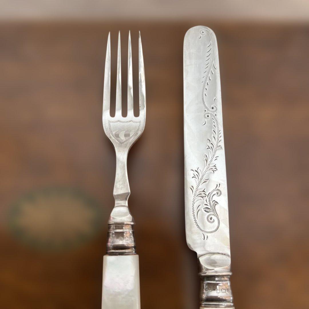 白蝶貝 / 純銀継手】507gビクトリアン デザートナイフ＆フォーク12本
