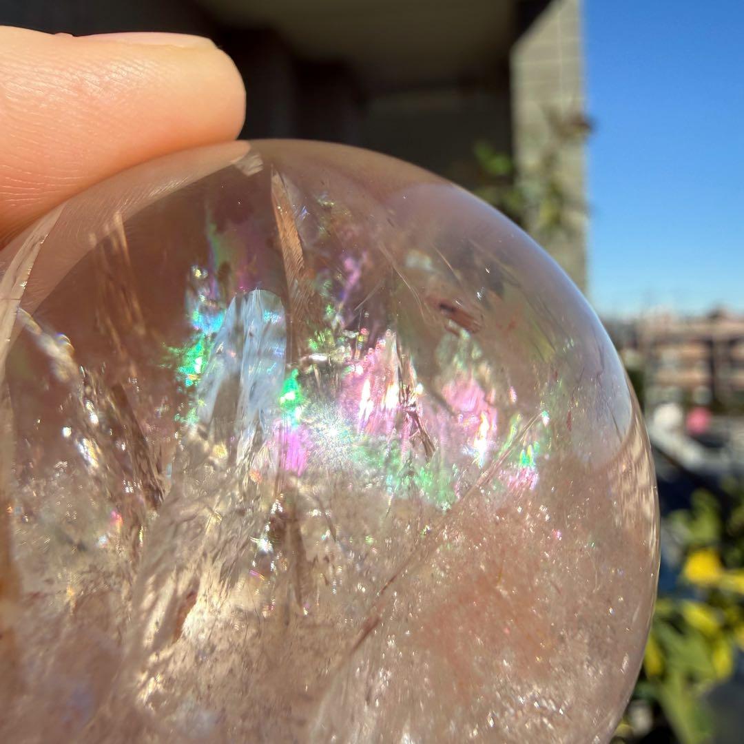 ピンクアゼツライト スフィア 虹入り 台座付き ピンククォーツ 49.6mm