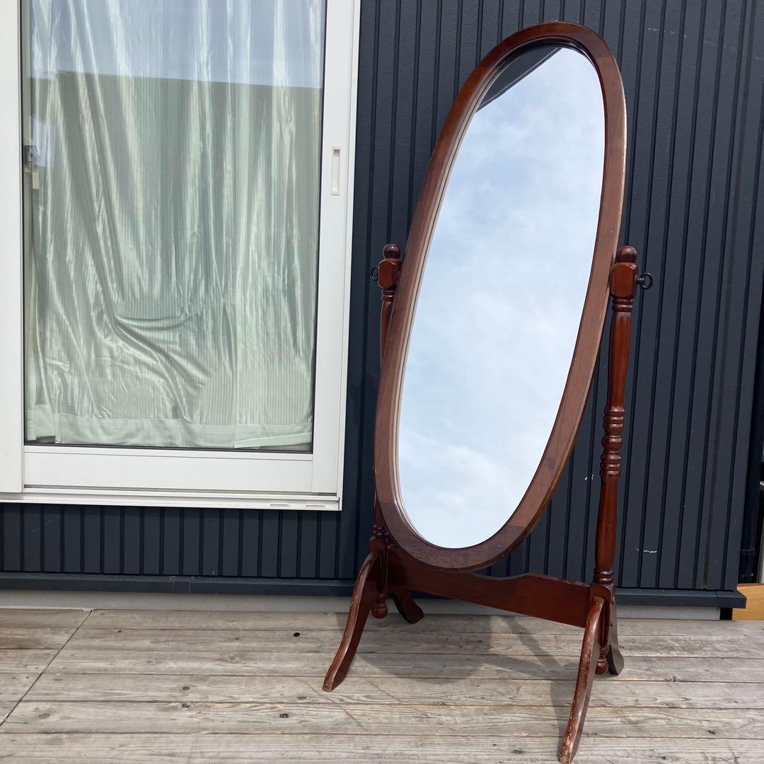 昭和レトロ 英国クラシック オーバル型 木製スタンドミラー 脚付き