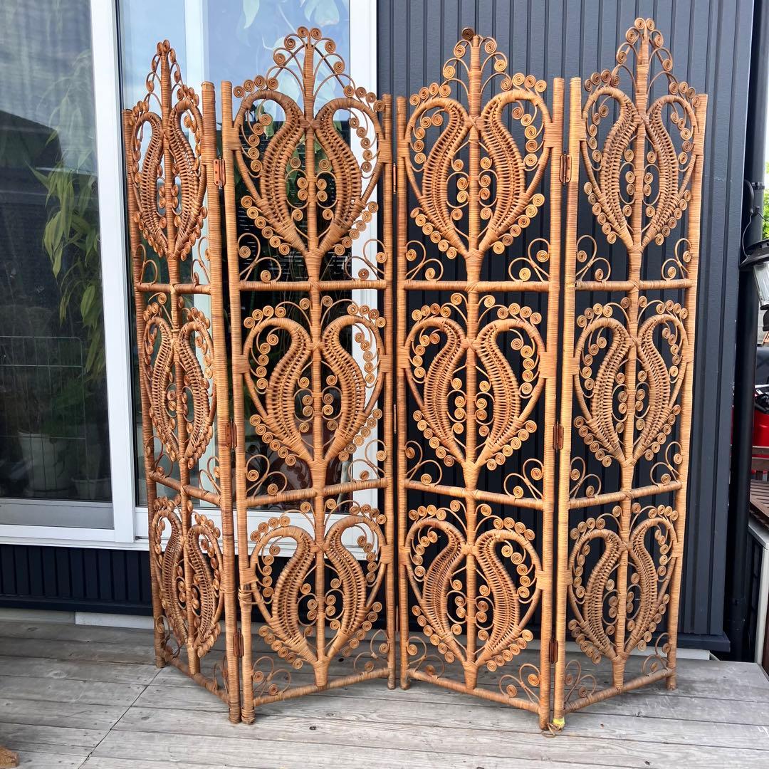 昭和レトロ エスニック 4連 装飾ラタンパーテーション 間仕切り