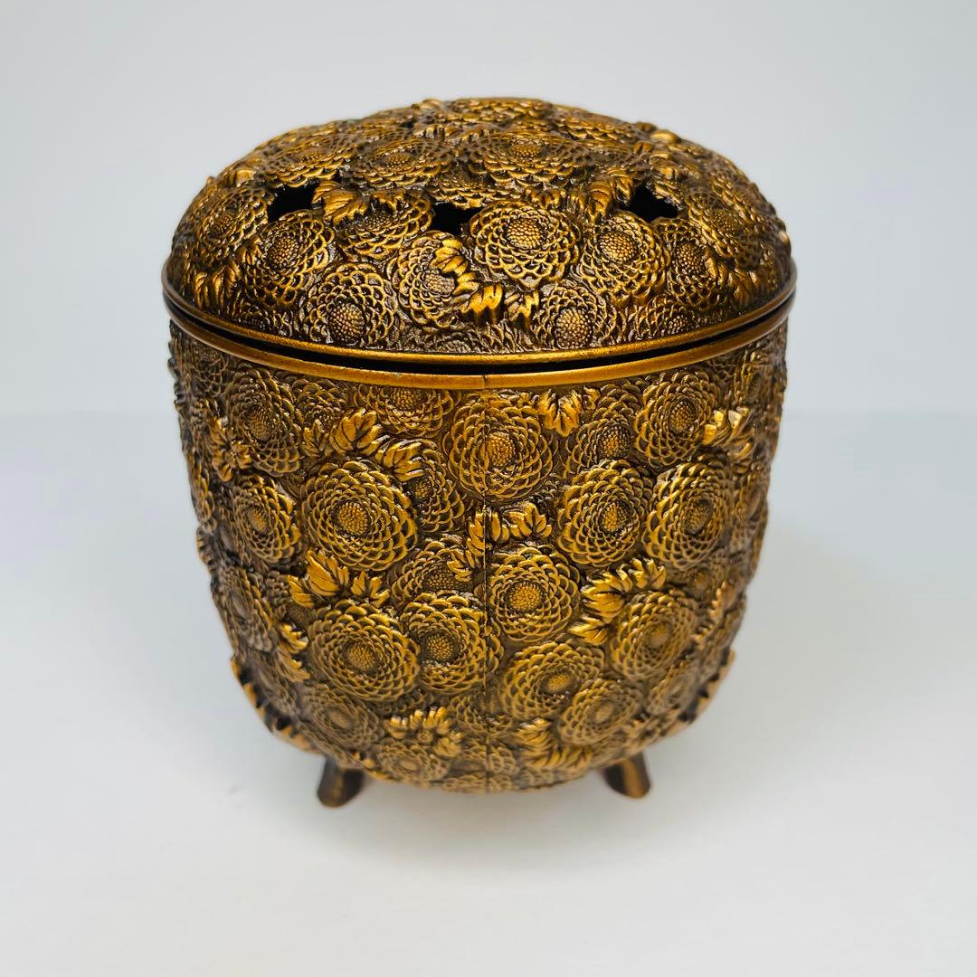 希少】万菊香炉 高岡銅器 佐野宏采 香炉 骨董品 菊尽紋 透蓋 置物工芸