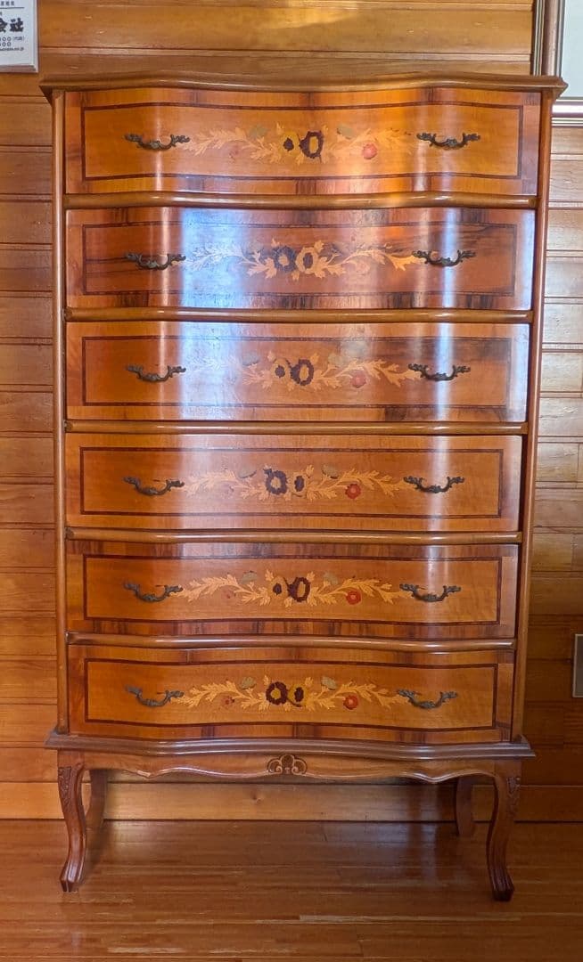 イタリア製 象嵌細工猫足 木製 6段チェスト チェスト 木製 6段 完成品 茶 112cm 象嵌 ロココ調 イタリア 家具 猫脚