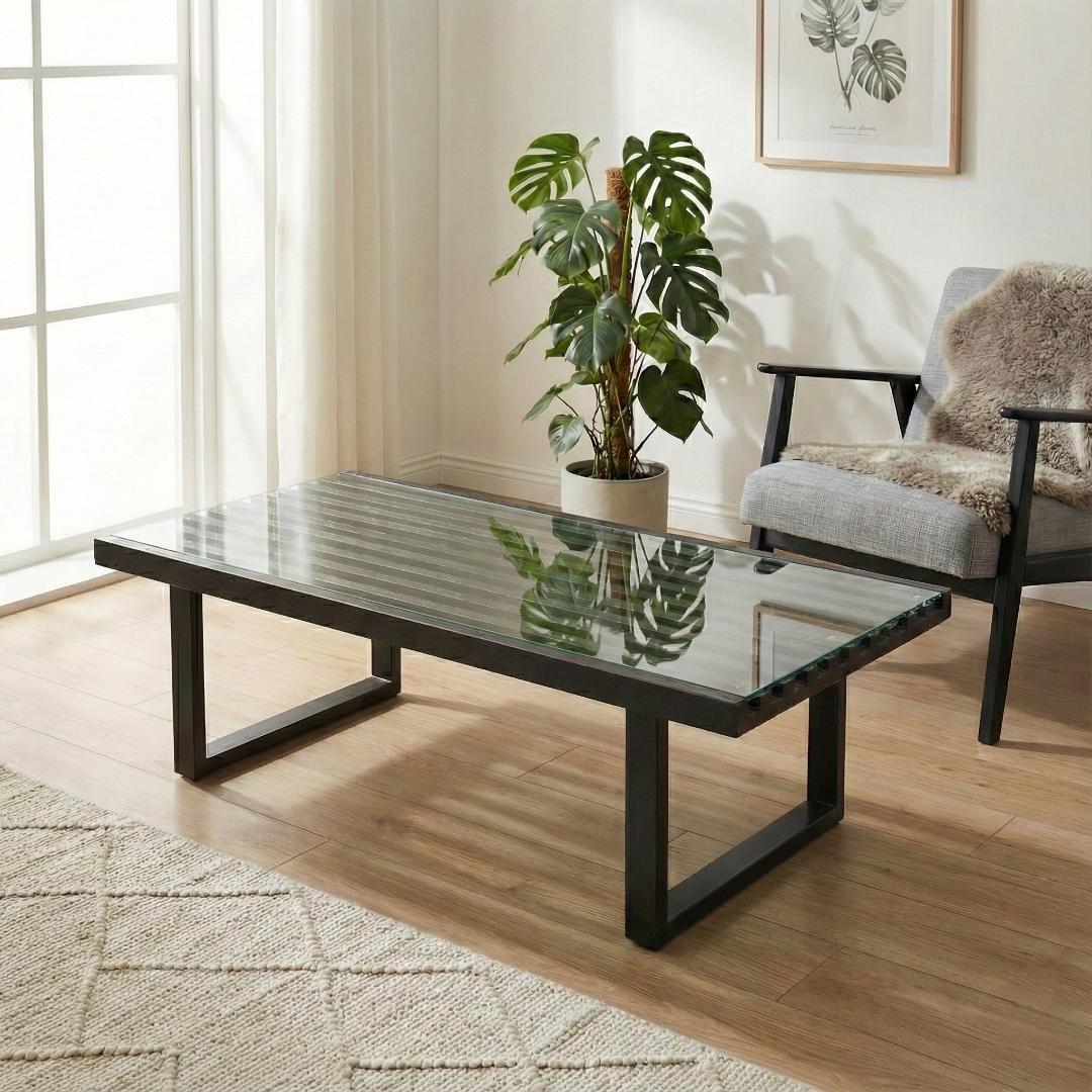 ネルソンベンチ風 センターテーブル ガラス天板 幅120cm 週末セール】ネルソンベンチ風 センターテーブル ガラス天板 幅120cm
