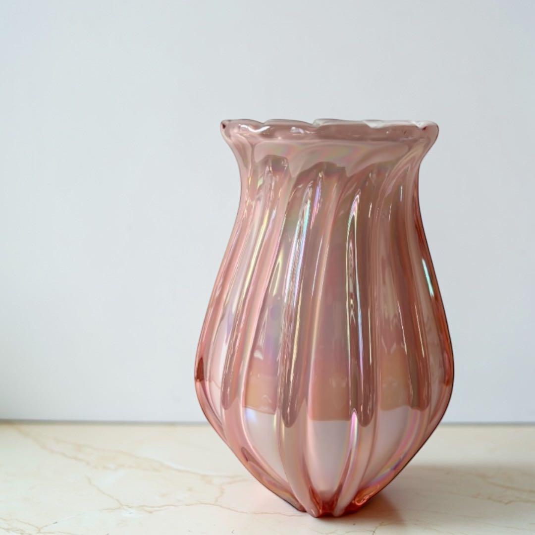 80年代ヴィンテージ】オーロラ ピンク ガラス 花瓶 フラワーベース