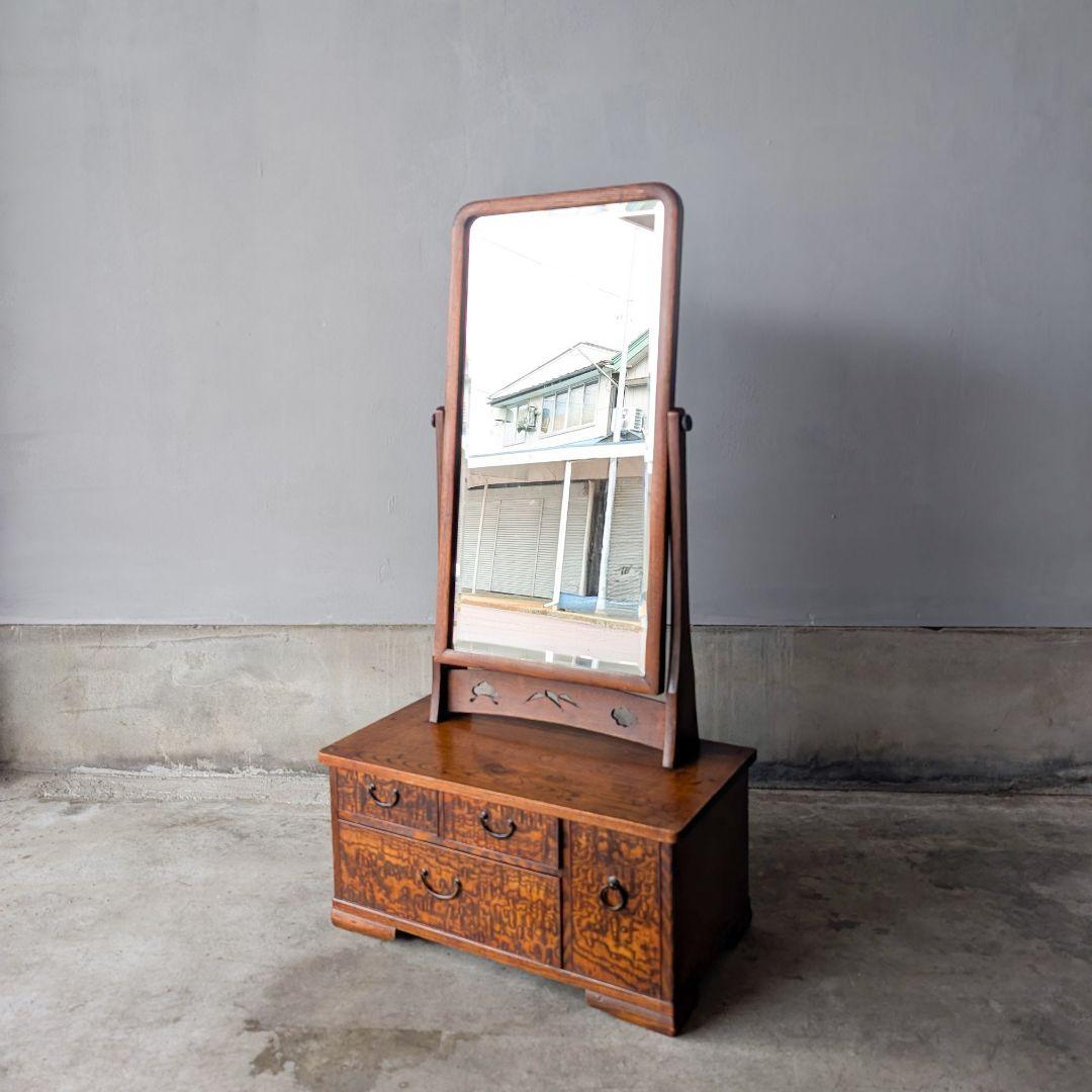 【古家具】昭和初期ぐらいの縮み杢がきれいな小さめ鏡台　化粧台　卓上ミラー dd69b84c8f60aef59c26717276f938