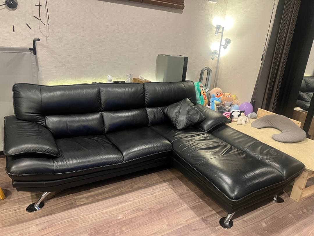 交渉可:ニトリ 本革カウチソファー黒 3人掛け左コーナー ロゾ4